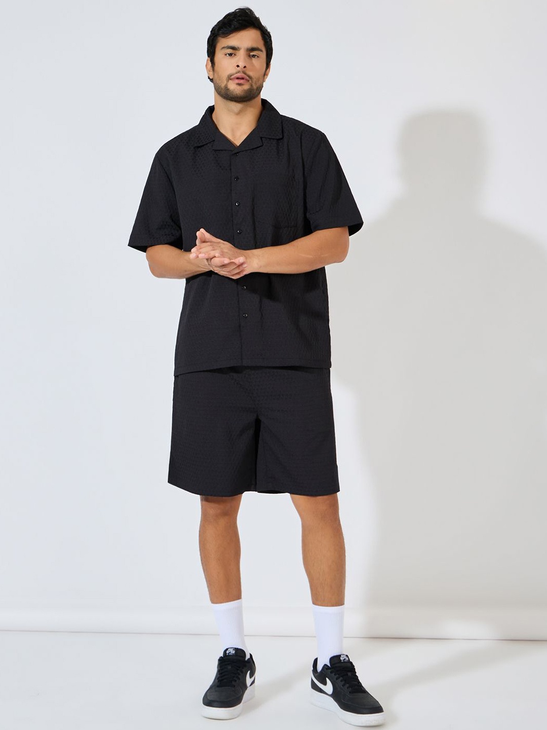 

Styli Men Relaxed Self Design Shirt Collar and Short Co-Ords, Black
