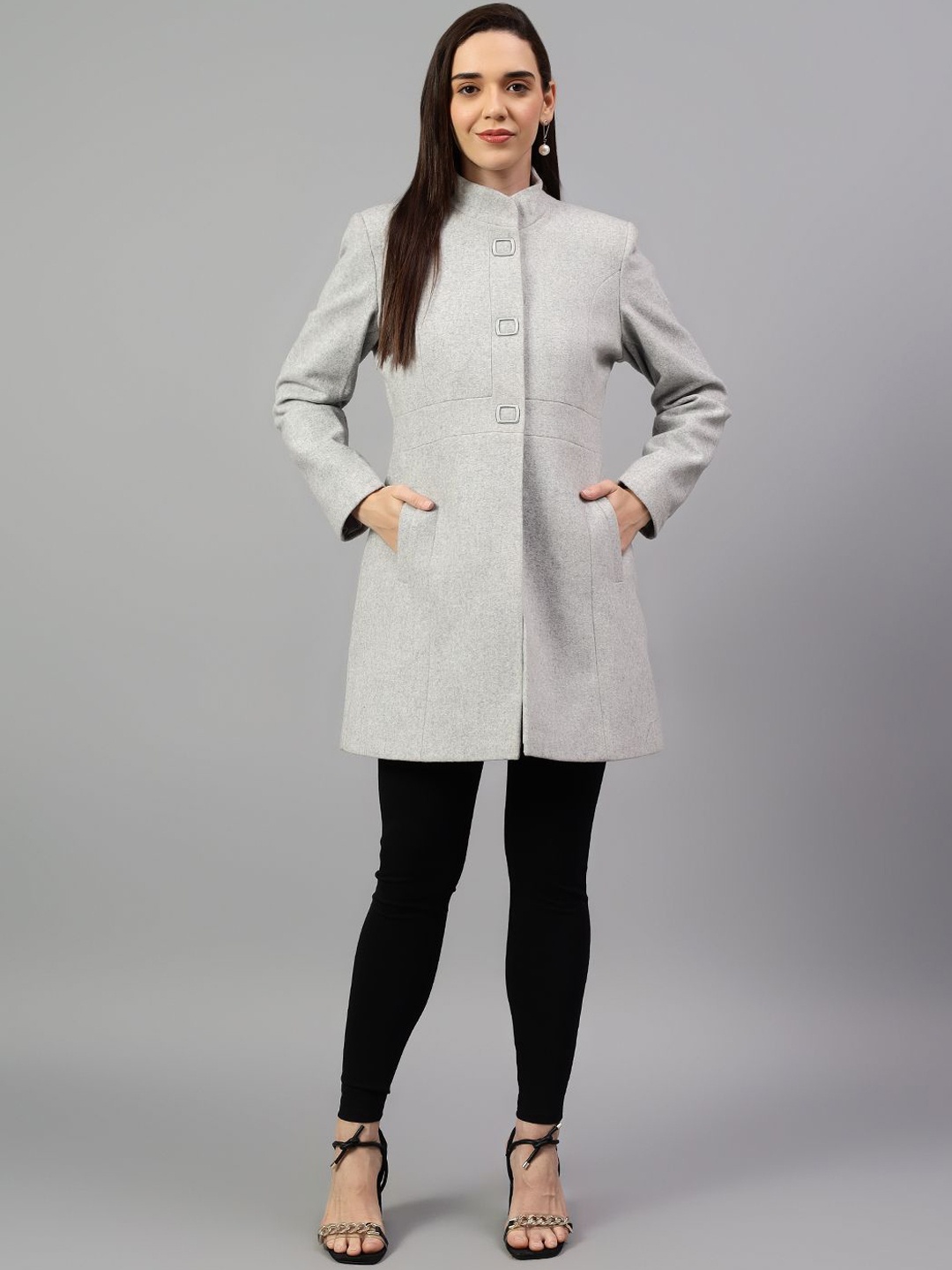 

Cantabil Women Cotton Mandarin Collar Overcoat, Grey melange