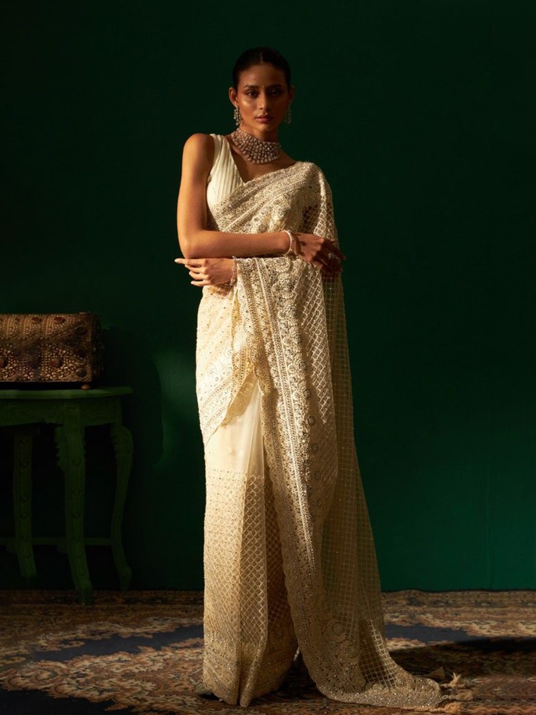 

Sabaahat Geometric Embroidered Pure Silk Heavy Work Saree, Cream