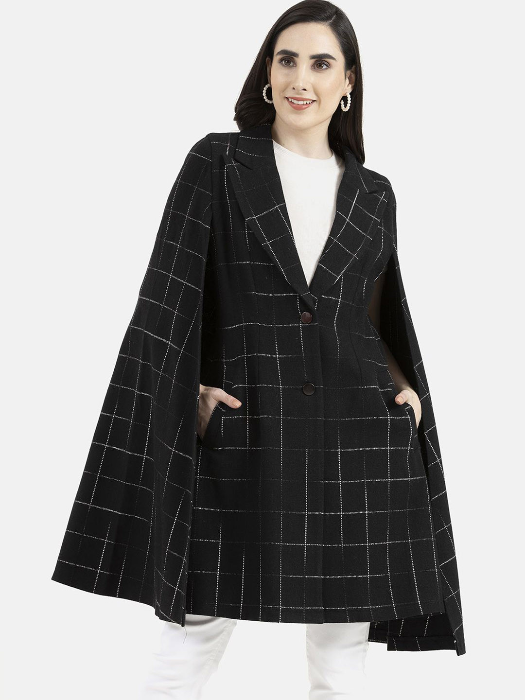 

Owncraft Women Printed Double Breasted Wool Trench Coat, Black