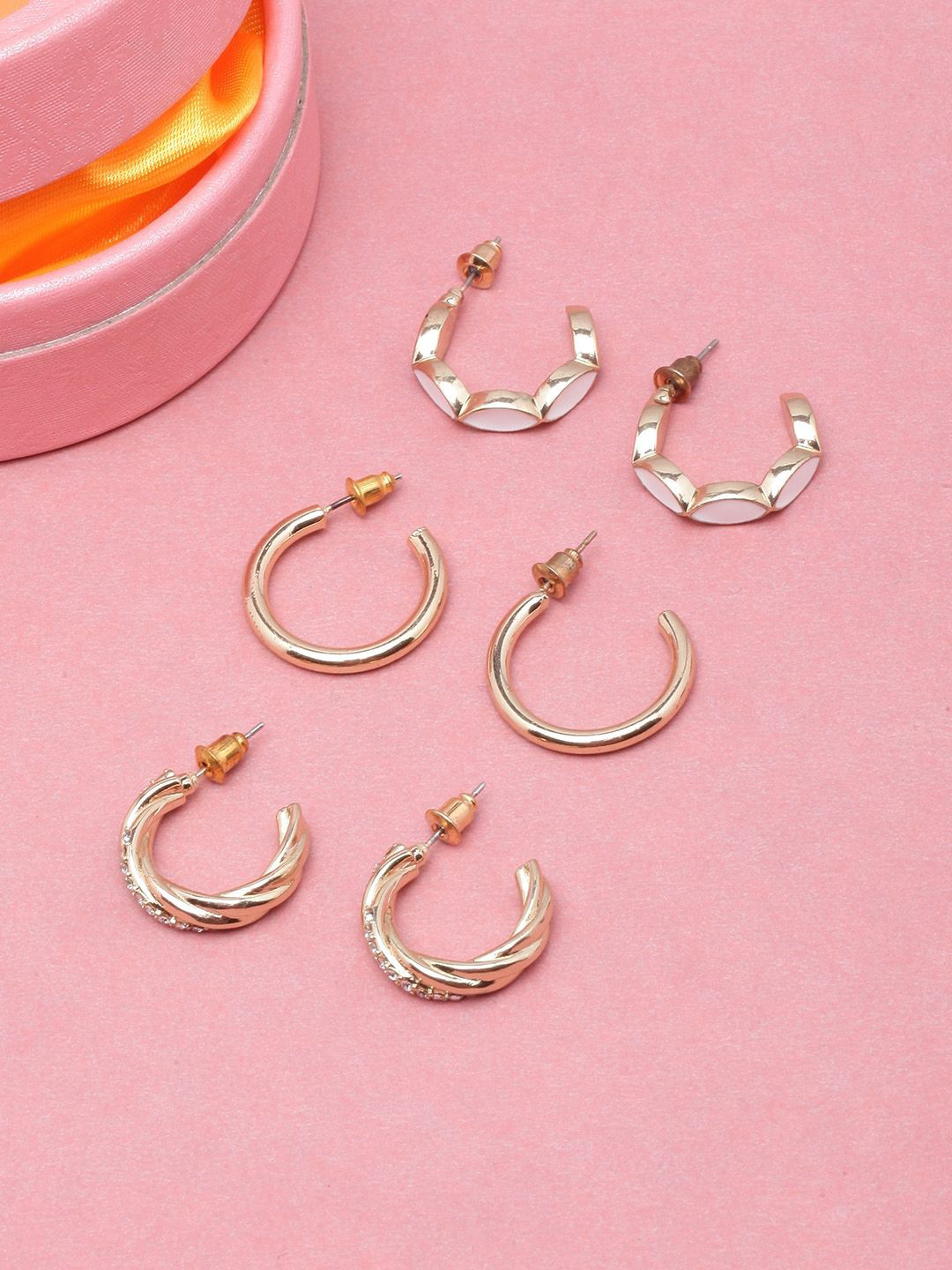 

KPOP Set Of 3 Gold Plated Cubic Zirconia Contemporary Half Hoop Earrings