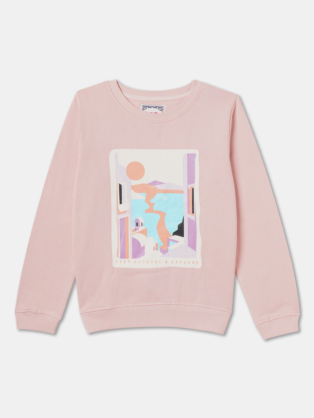

R&B Girls Graphic Printed Round Neck Cotton Pullover Sweatshirt, Pink