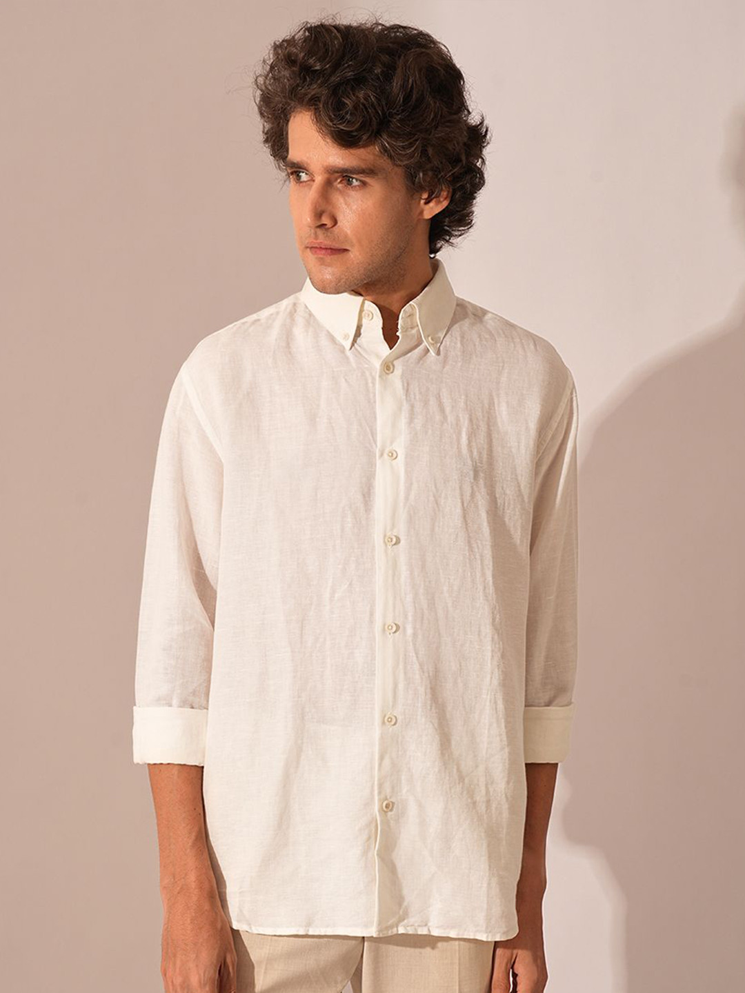 

SELECTED Men Solid Button Down Collar Linen Cotton Casual Shirt, White