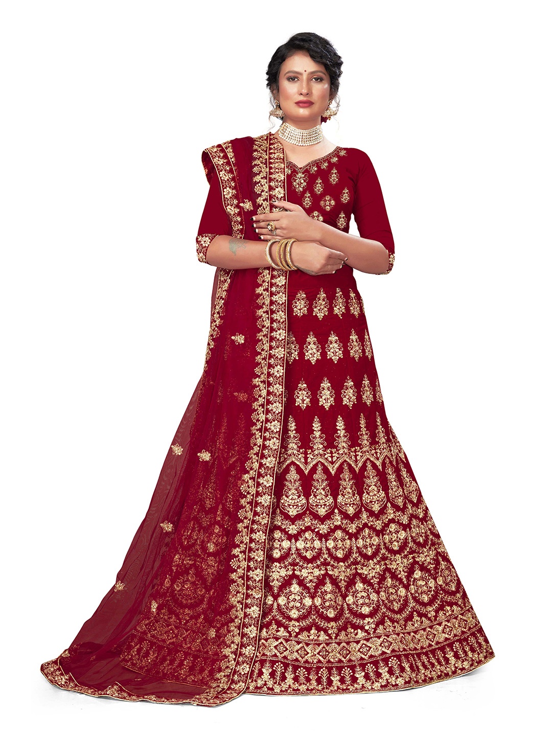 

Maroosh Embellished Thread Work Unstitched Lehenga & Blouse With Dupatta, Maroon