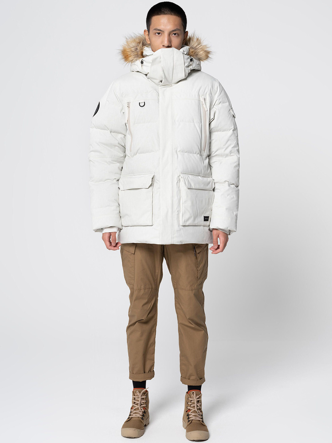 

FORCLAZ By Decathlon Men White Ultrawarm Waterproof Snow Parka Jacket With Hood, Beige
