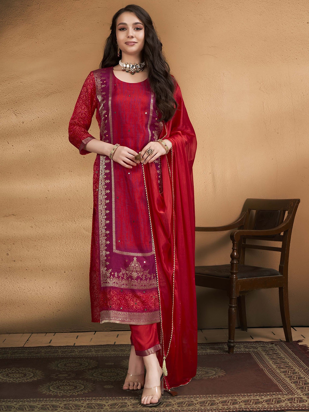 

Anouk Women Printed Regular Mirror Work Pure Silk Kurta with Trousers Dupatta, Maroon