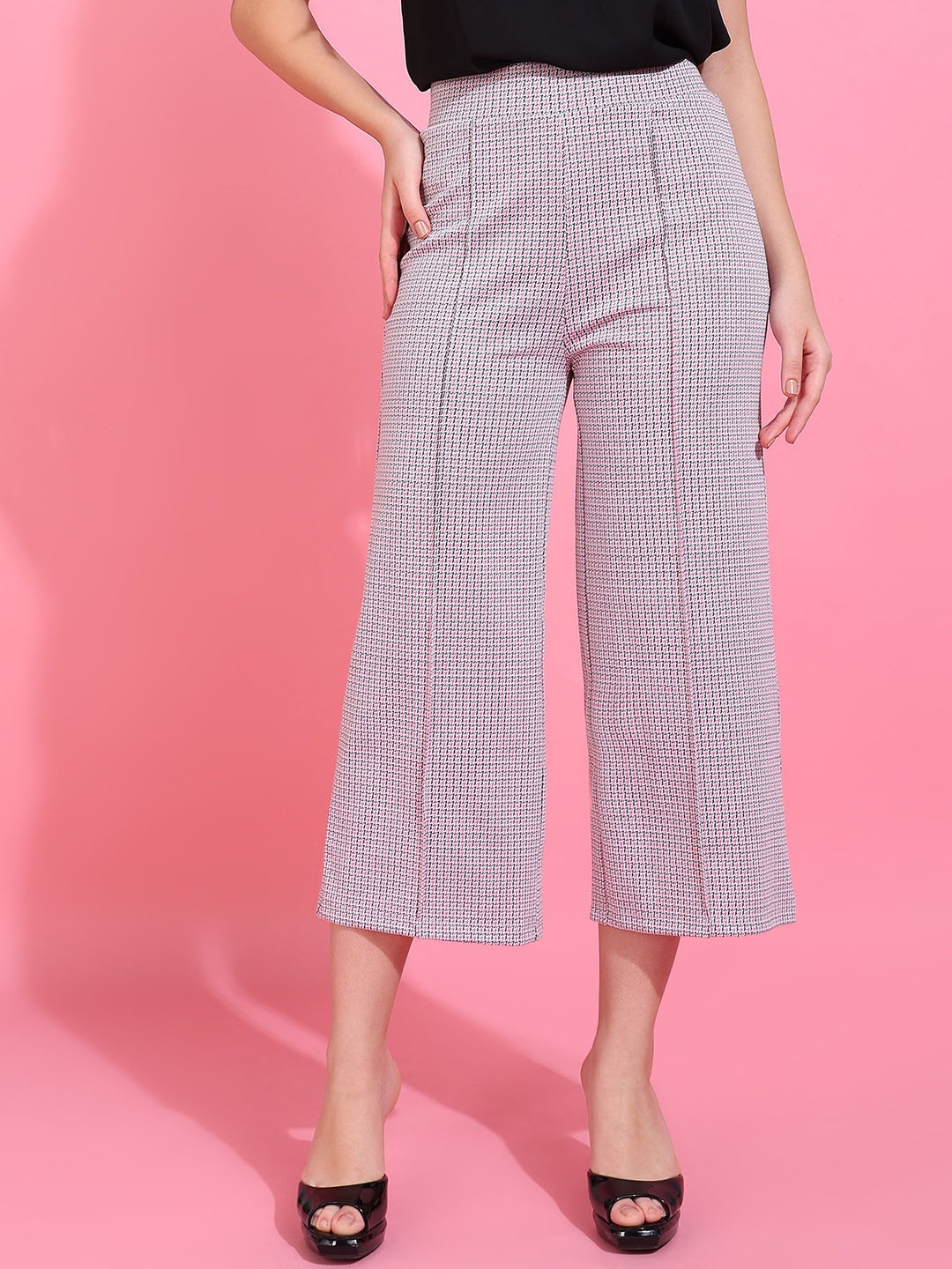 

Mast & Harbour Women Checked Loose Fit Culottes Trousers, Pink