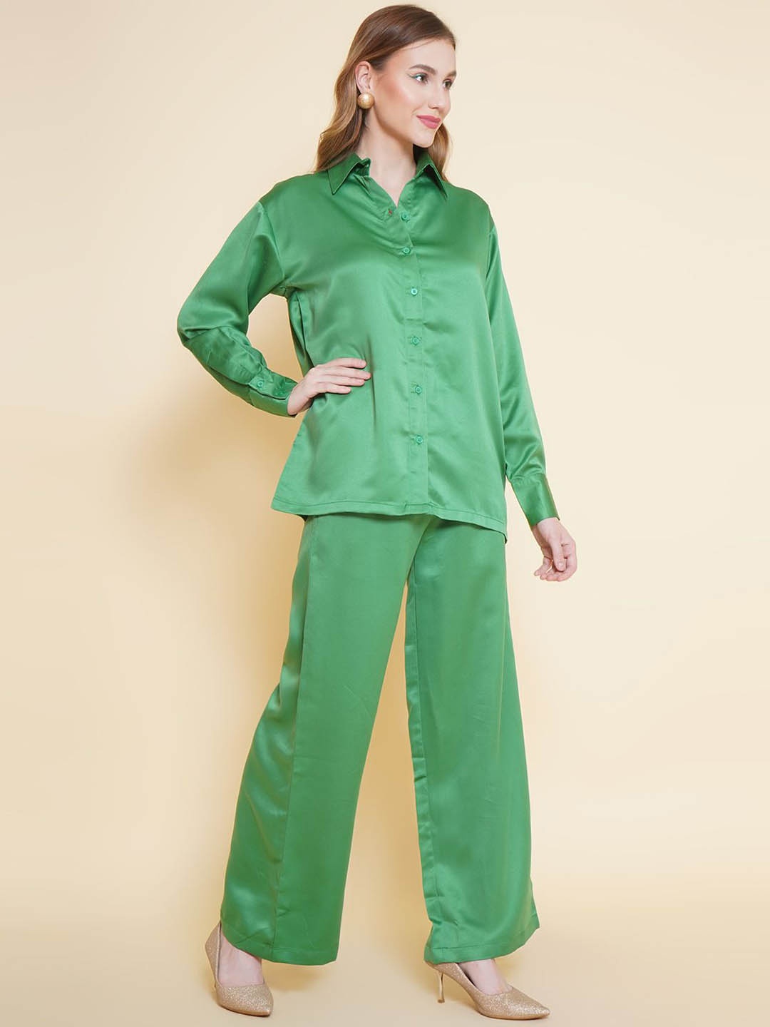 

KATLINE Women Shirt With Trouser Co-Ords Set, Green