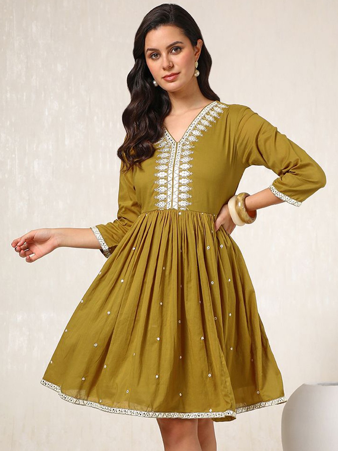 

Soch Women Embroidered Fit & Flare Mini Dress, Mustard
