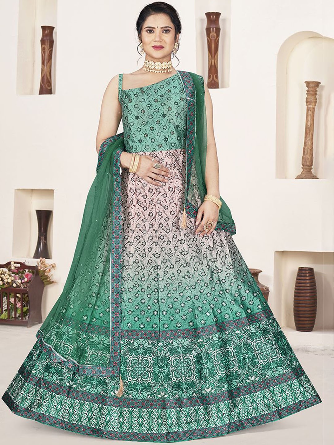 

Krimmple Printed Fit & Flared Maxi Ethnic Dress With Dupatta, Green
