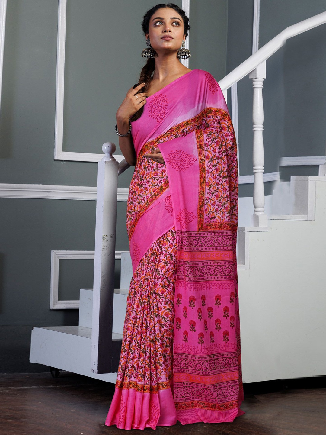 

Unnati Silks Ethnic Motifs Pure Cotton Handloom Block Print Saree, Pink