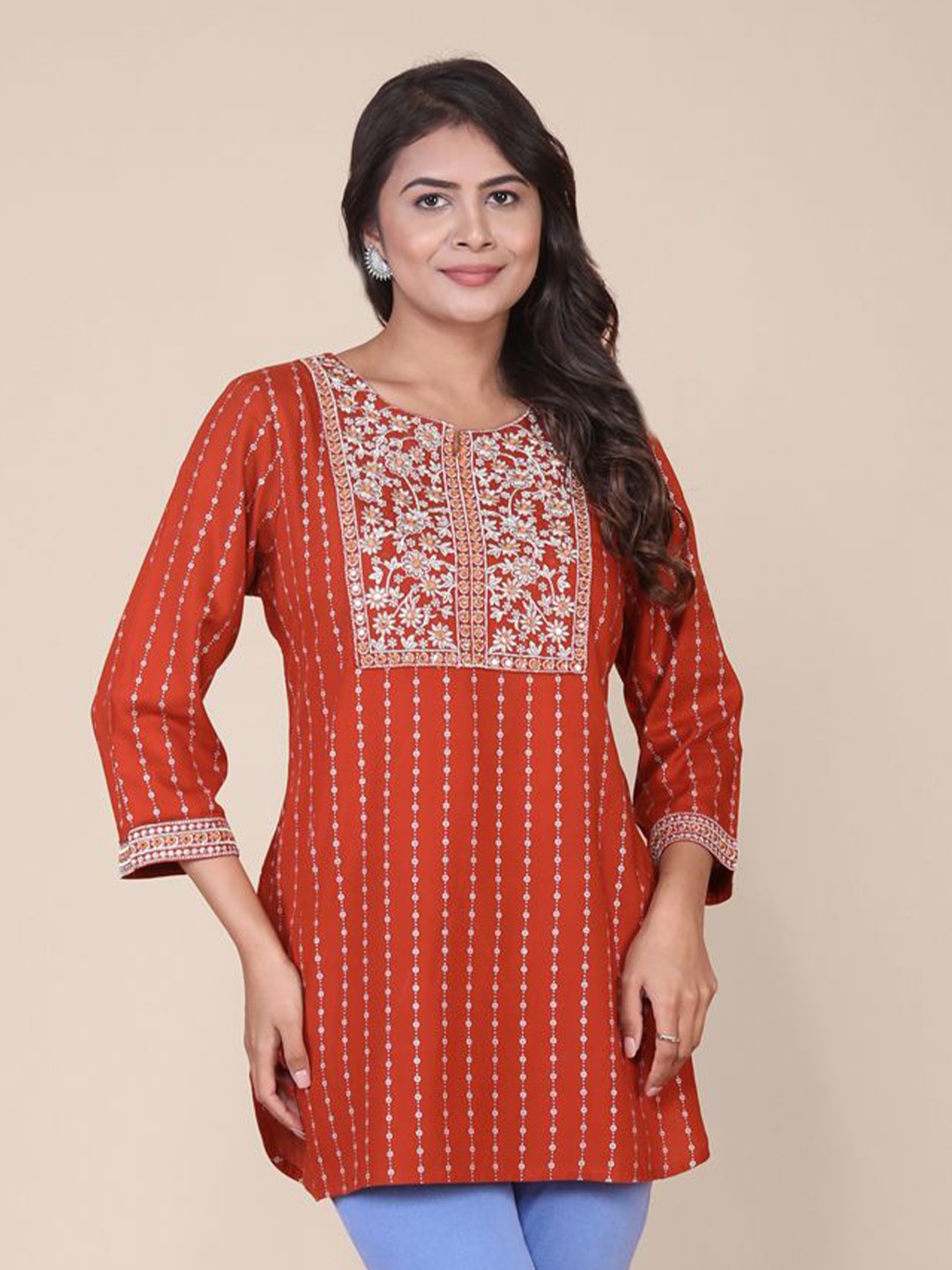 

HERE&NOW Round Neck Floral Embroidered Kurti, Rust