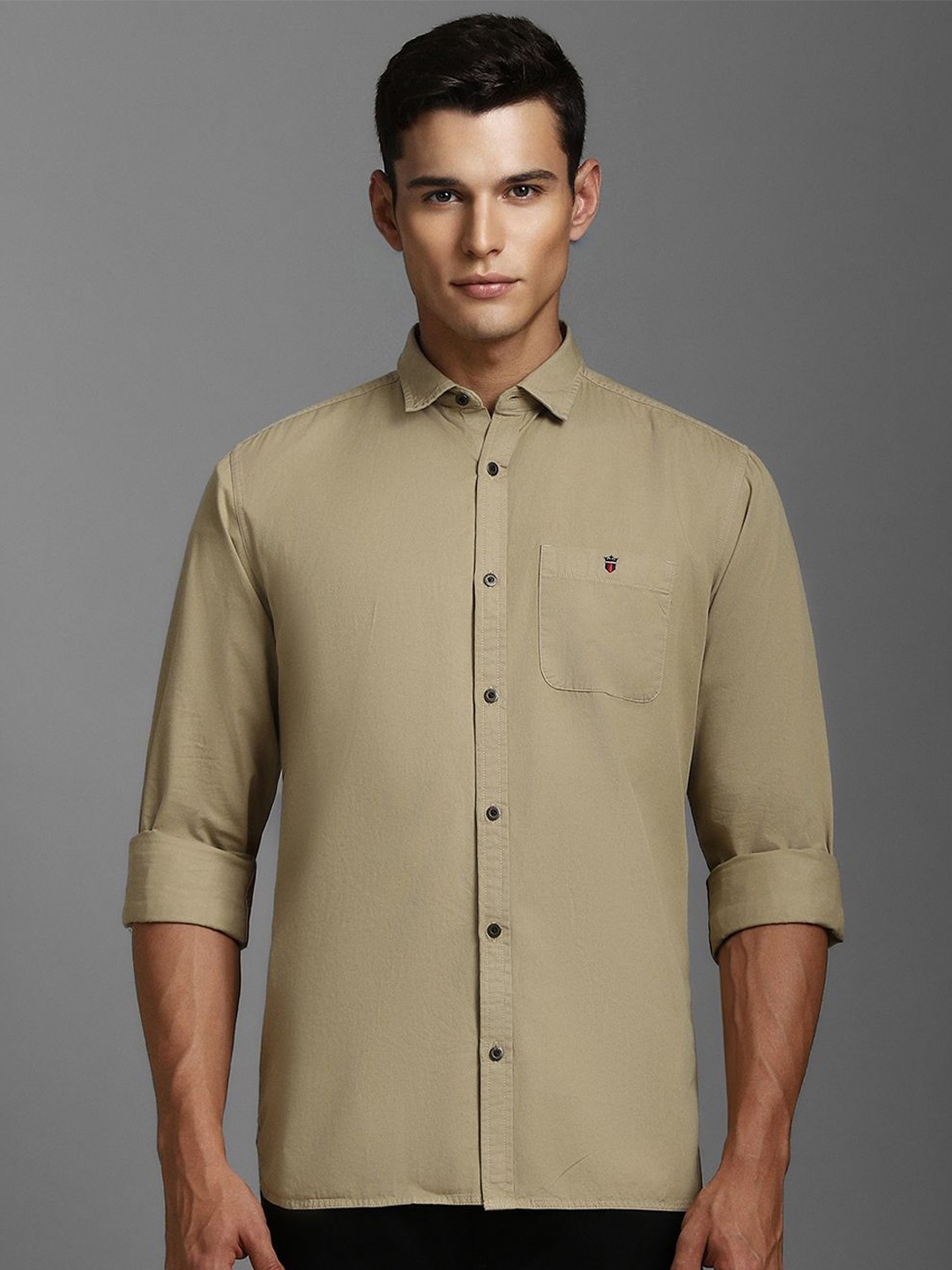 

Louis Philippe Jeans Men Spread Collar Solid Cotton Casual Shirt, Beige