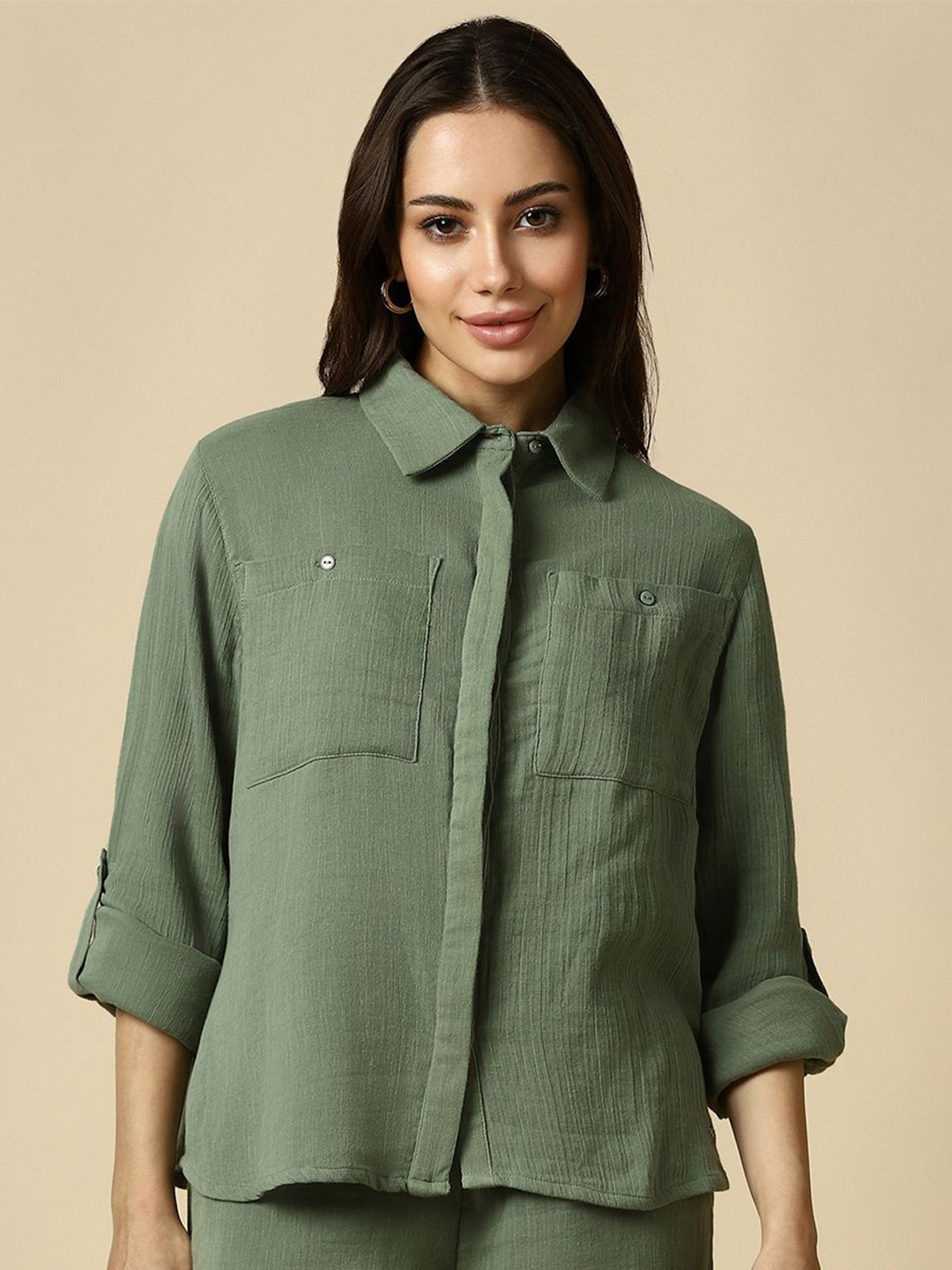 

Allen Solly Woman Spread Collar Solid Cotton Casual Shirt, Olive