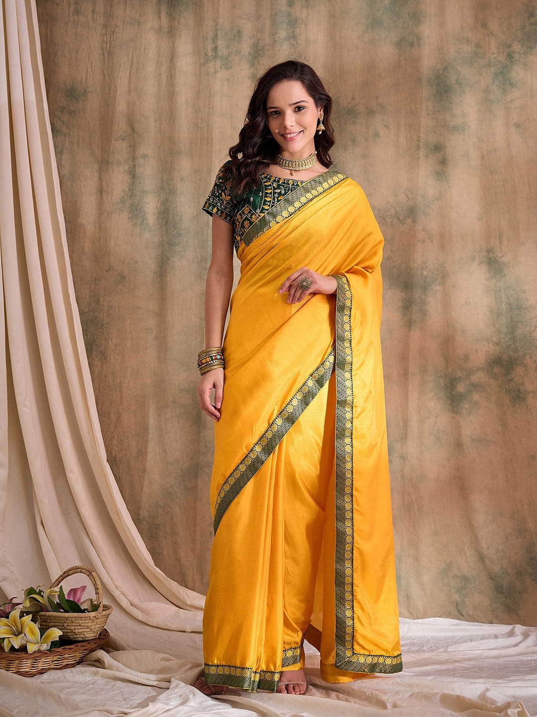 

Sangria Zari Border Saree With Blouse Piece, Yellow