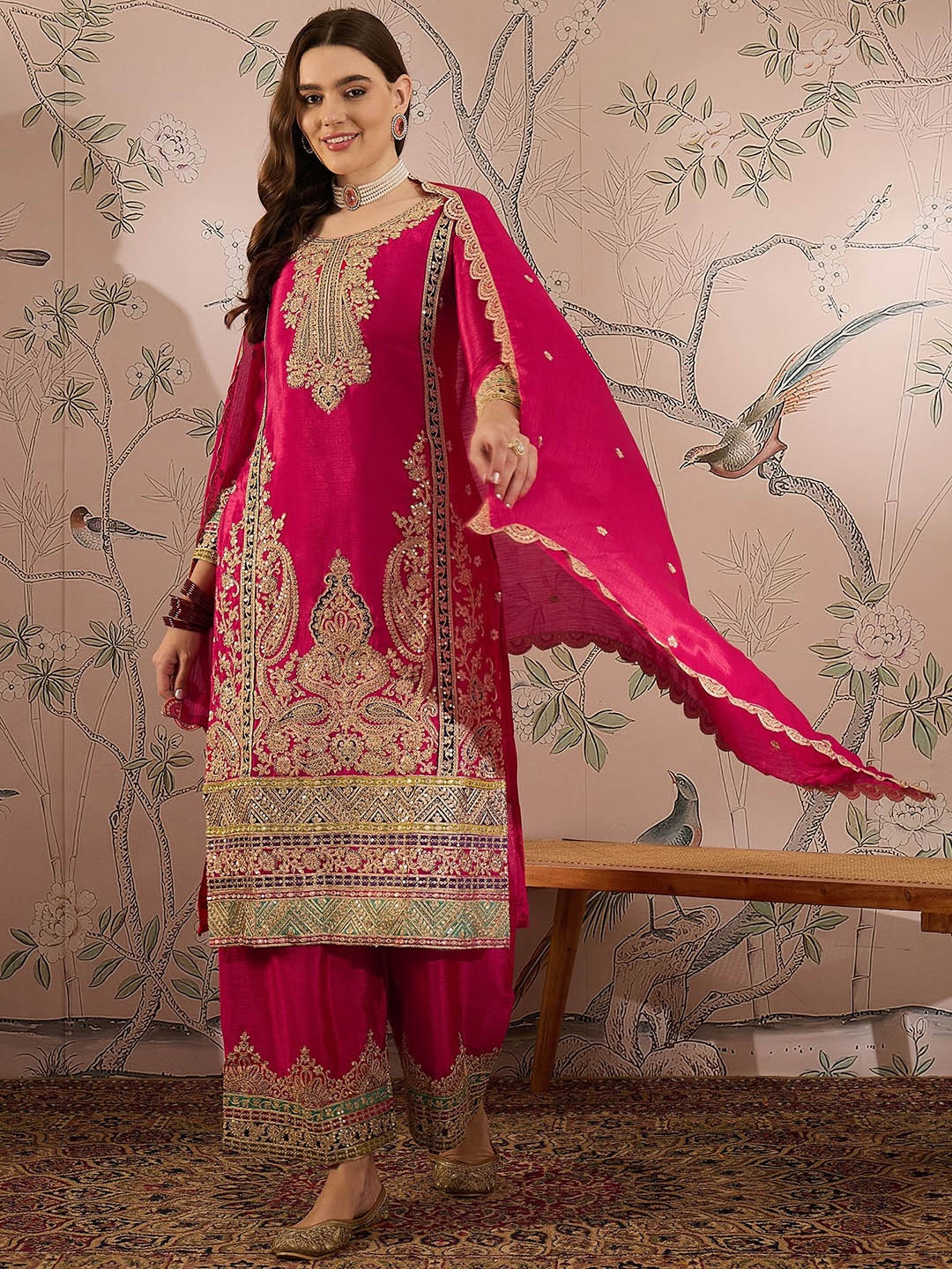 

Miss Ethnik Women Ethnic Motifs Embroidered Thread Work Kurta with Palazzos & With Dupatta, Pink