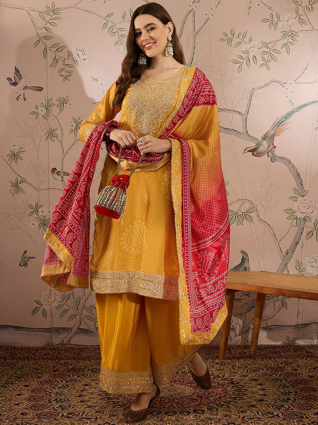 

Miss Ethnik Women Ethnic Motifs Embroidered Thread Work Kurta with Palazzos & With Dupatta, Yellow