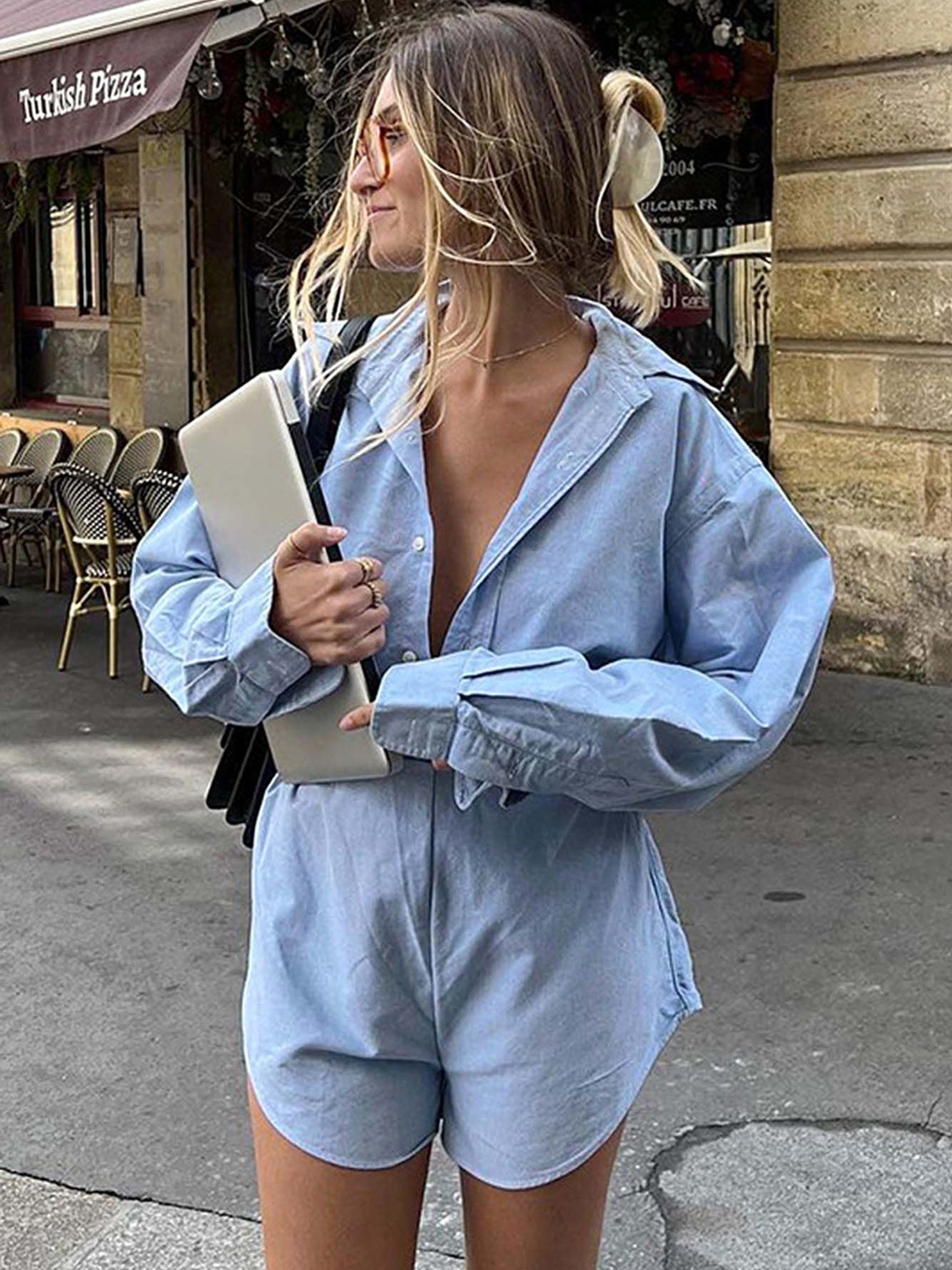 

LULU & SKY Women Solid Oversize Shirt Collar Jumpsuit, Blue