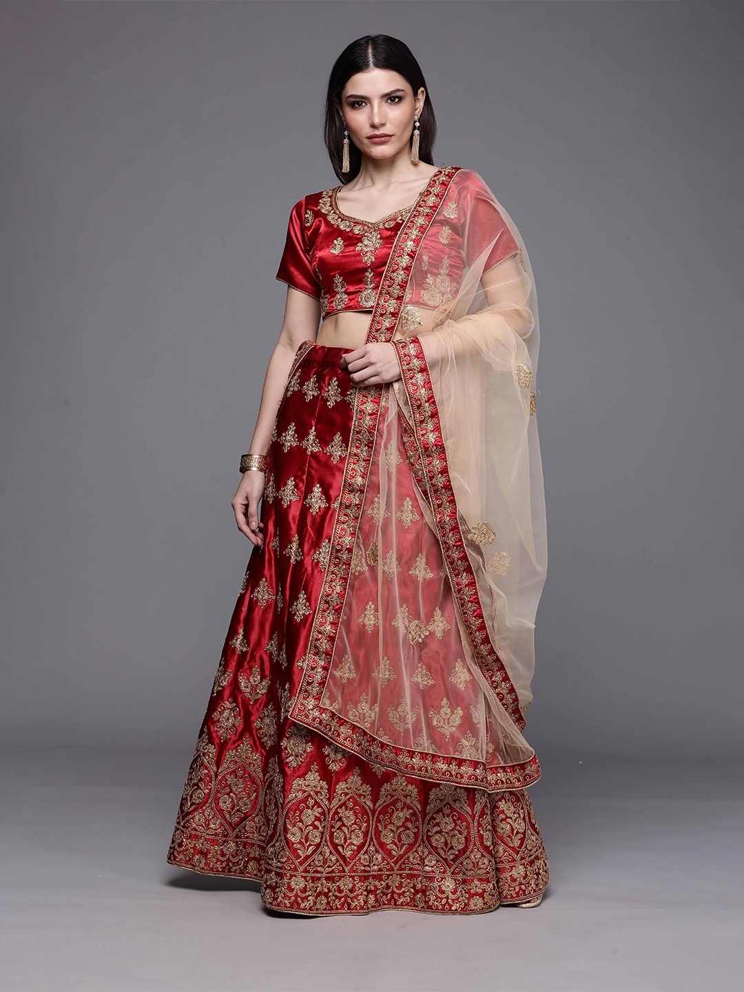 

Maroosh Embellished Beads and Stones Unstitched Lehenga & Blouse With Dupatta, Maroon