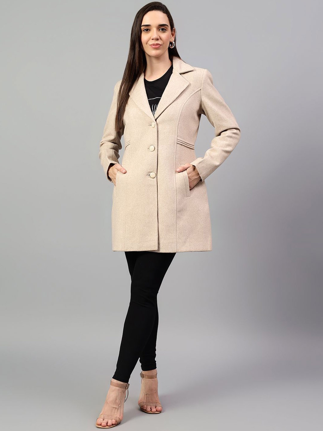 

Cantabil Women Notched Collar Longline Over Coat, Beige