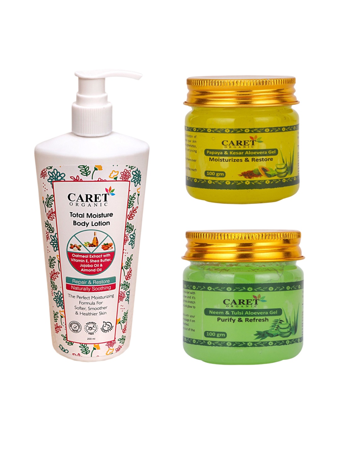 

CARET ORGANIC Total Moisture Body Lotion & Papaya Kesar Gel & Neem Tulsi Aloevera Gel, White