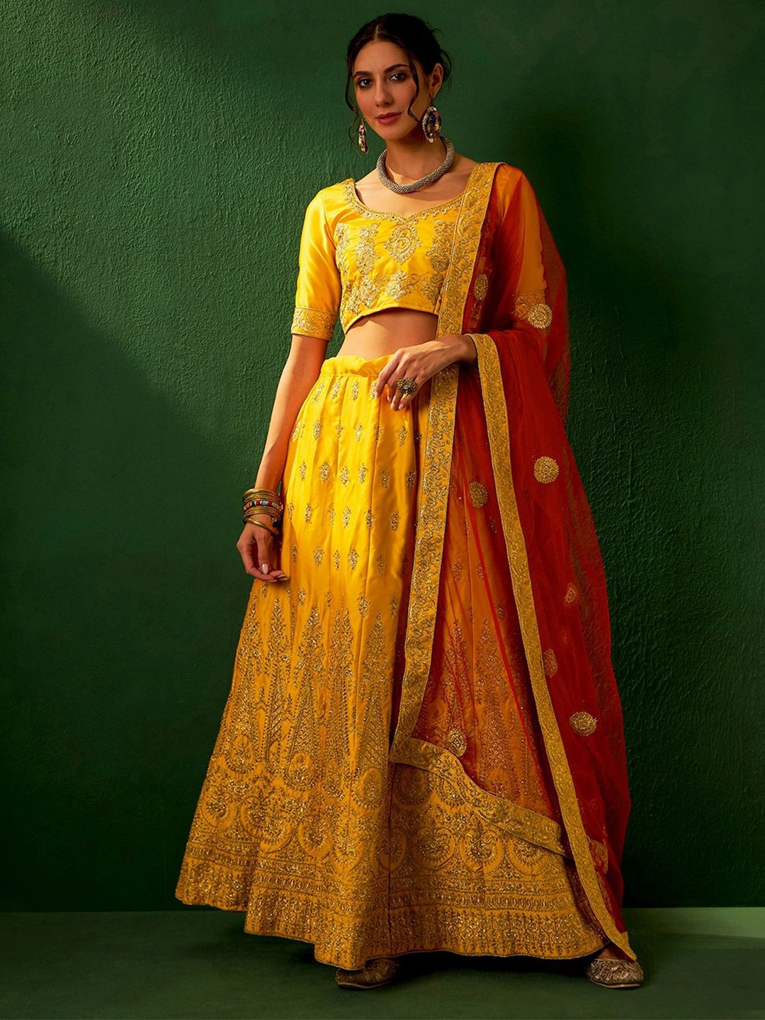 

Maroosh Embellished Thread Work Unstitched Lehenga & Blouse With Dupatta, Mustard