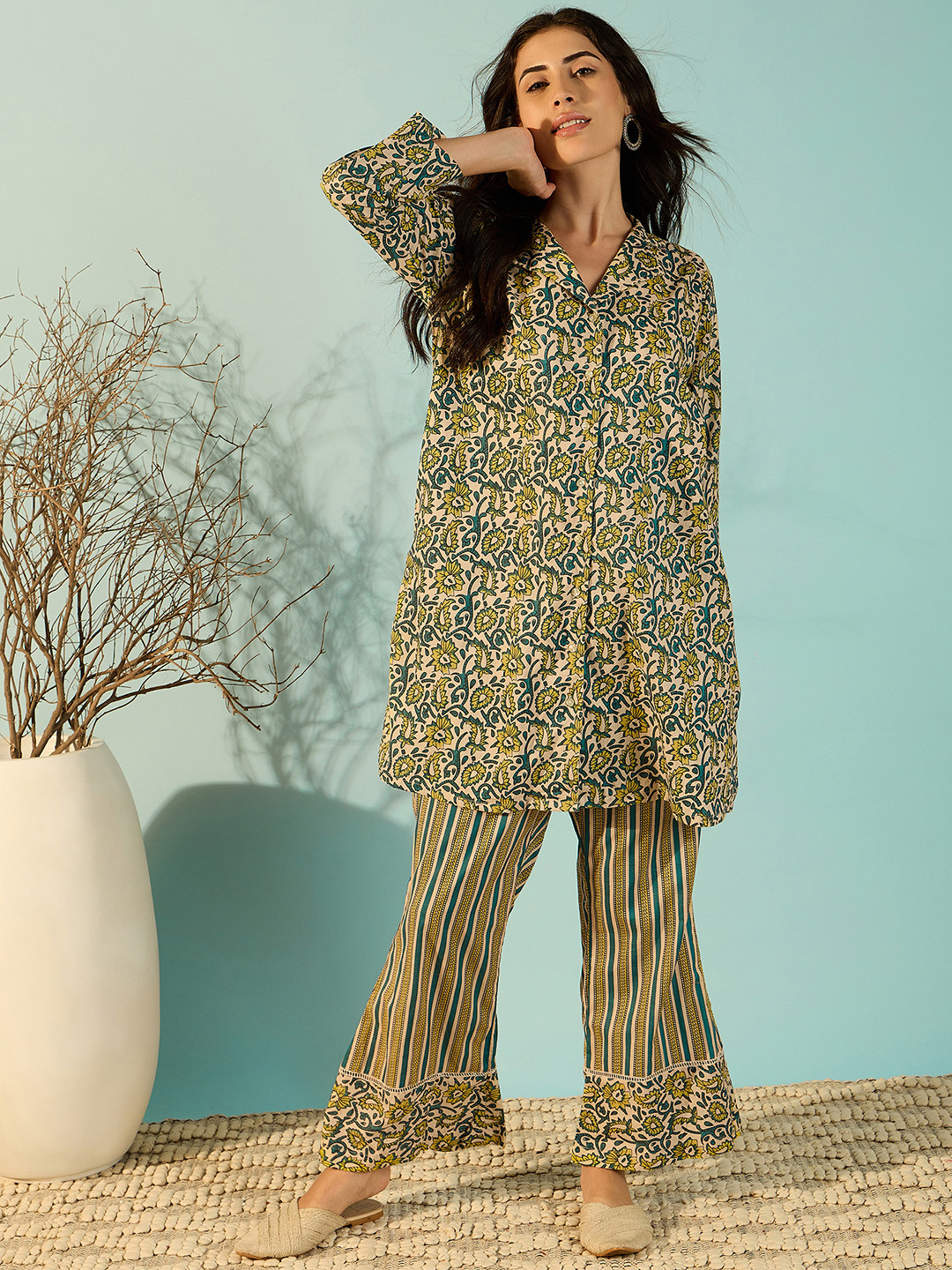 

The Kaftan Company Floral Printed Pure Cotton Shirt With Trousers Co-Ords, Yellow