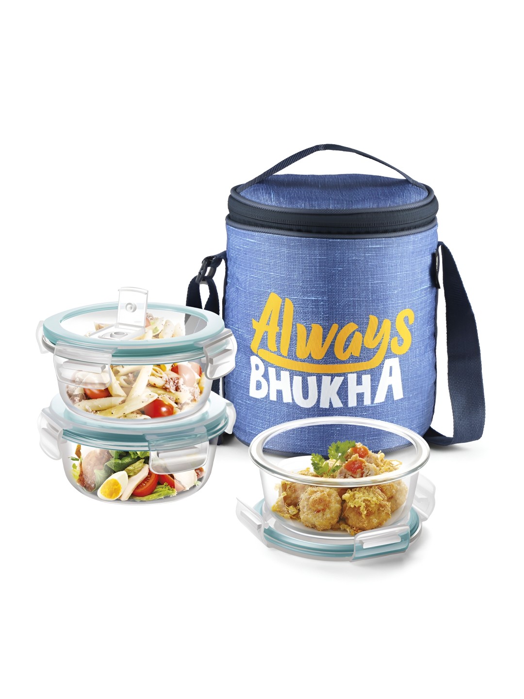

Treo All Fresh Blue Glass 3 Pieces Lunch Box With Always Bhukha Print Bag-400ml each