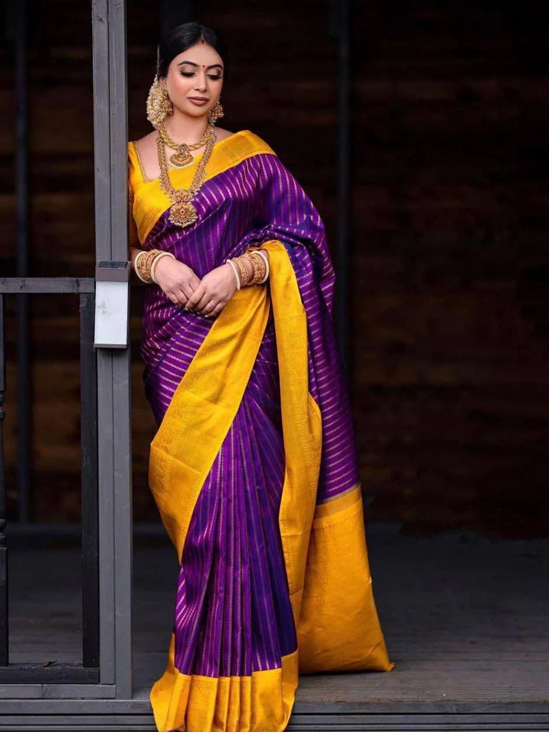 

LADY SHOPI Striped Zari Pure Silk Banarasi Saree, Purple