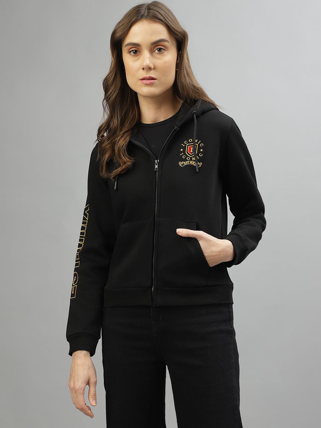 

Iconic Women Embroidered Crop Bomber, Black