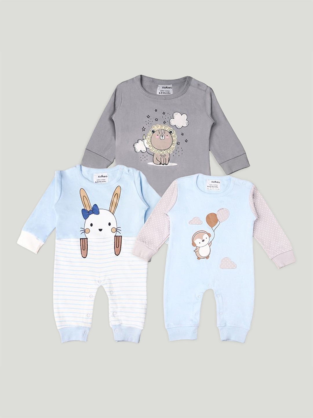 

Kidbea Infants Unisex Pack Of 3 Printed Organic Cotton Rompers, Grey
