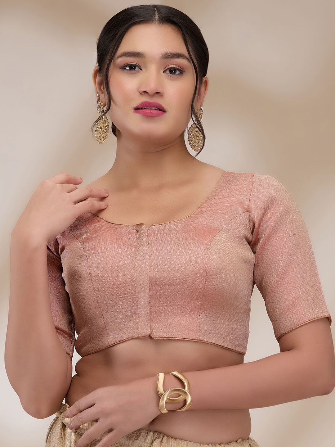 

SALWAR STUDIO Woven Design Readymade Padded Saree Blouse, Rose gold