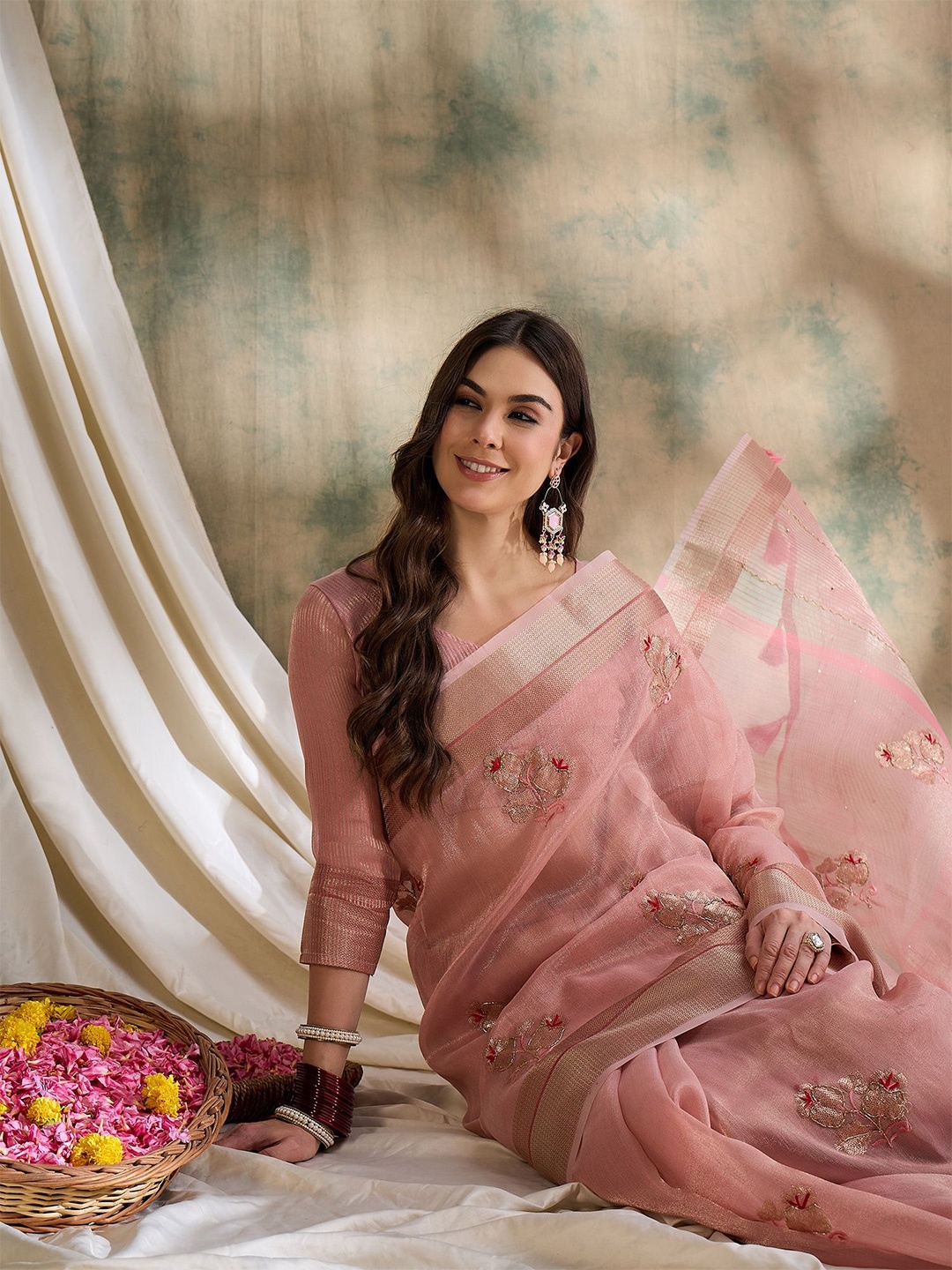 

Sangria Floral Embroidered Saree With Blouse Piece, Pink