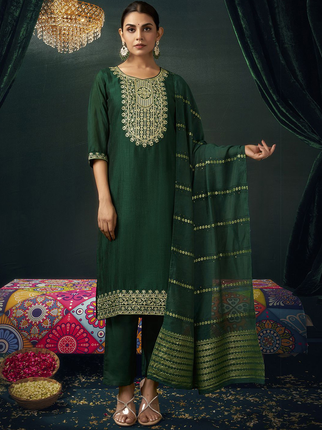 

SKYLEE Women Ethnic Motifs Embroidered Regular Sequinned Kurta with Trousers & With Dupatta, Green