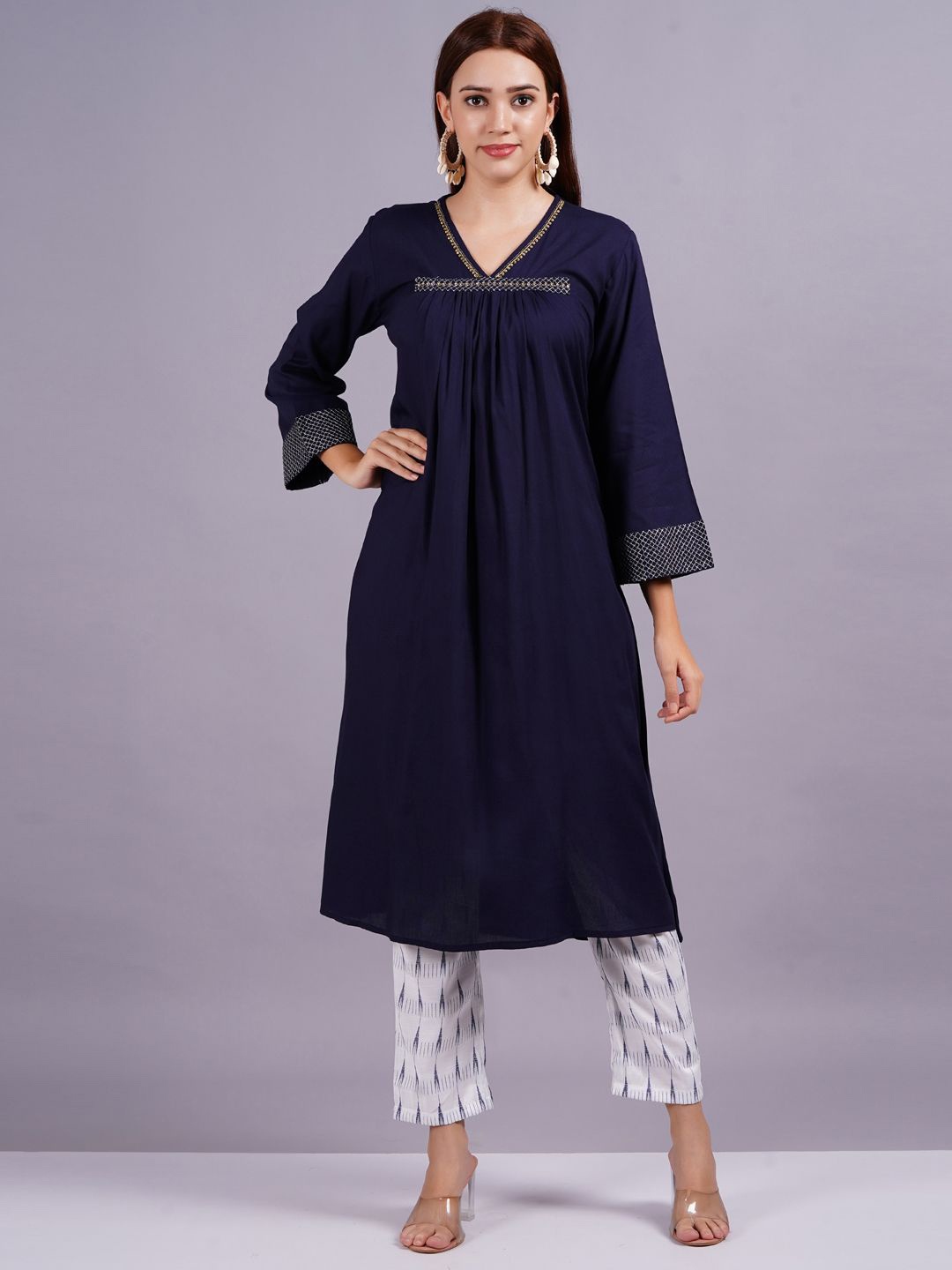 

JC4U V-Neck Zari A-Line Kurta with Trouser, Navy blue