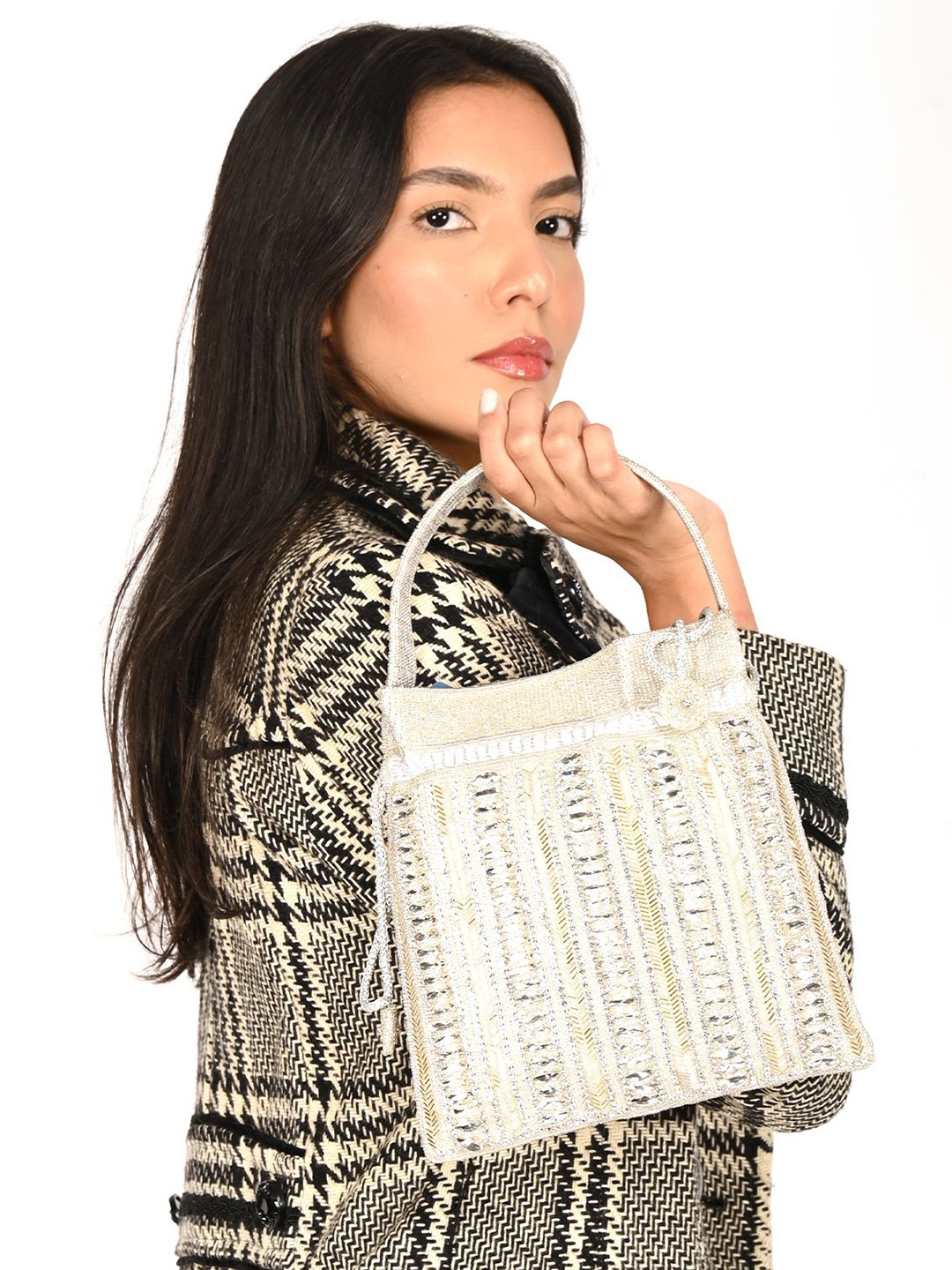 

ODETTE Embellished Potli Clutch, Grey