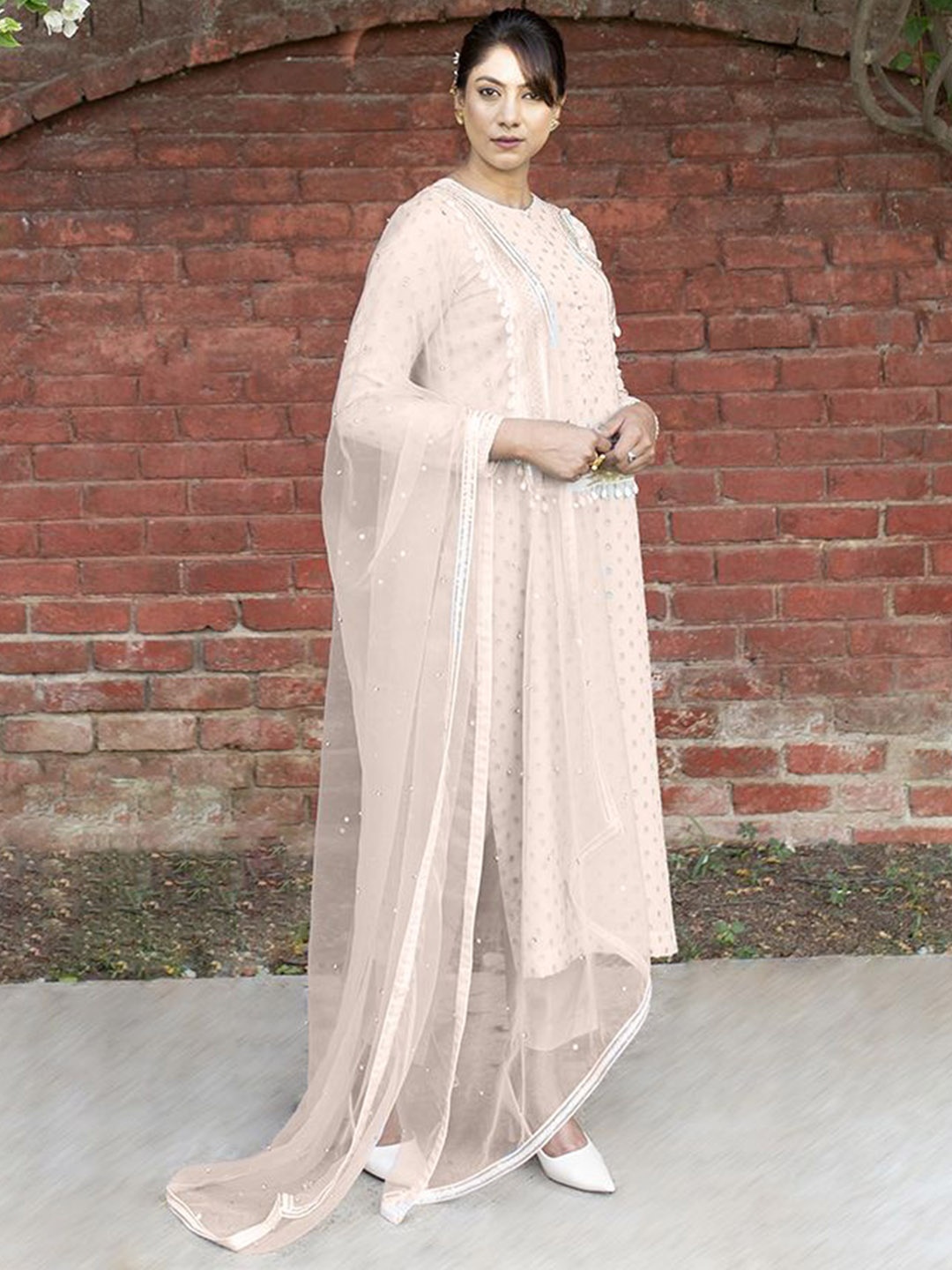 

KOVET Floral Woven Design Embroidered Georgette Kurta with Trouser & Dupatta, Peach