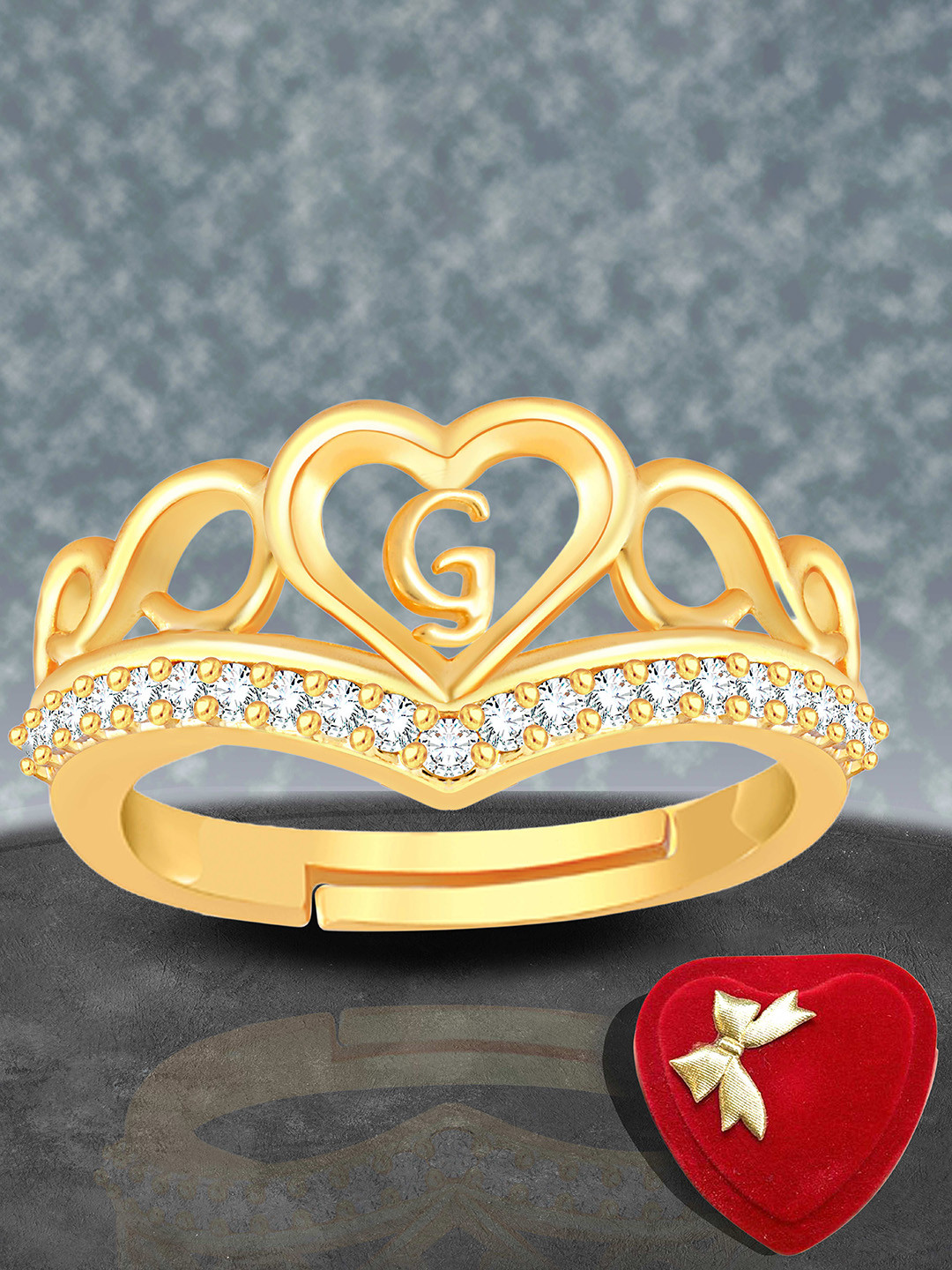 

Lila Unisex Gold-Plated American Diamond Studded Alphabet G Letter Heart Shaped Ring