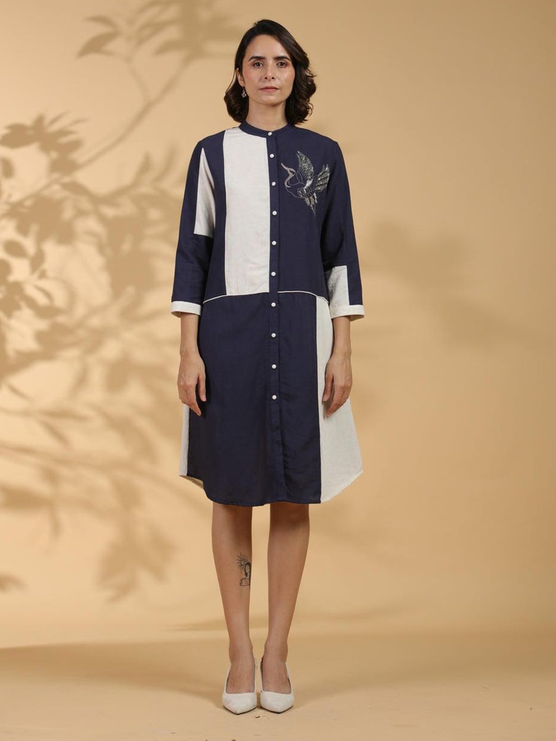 

Kaftanize Women Colourblocked Mandarin Collar Cotton A-Line Dress, Navy blue