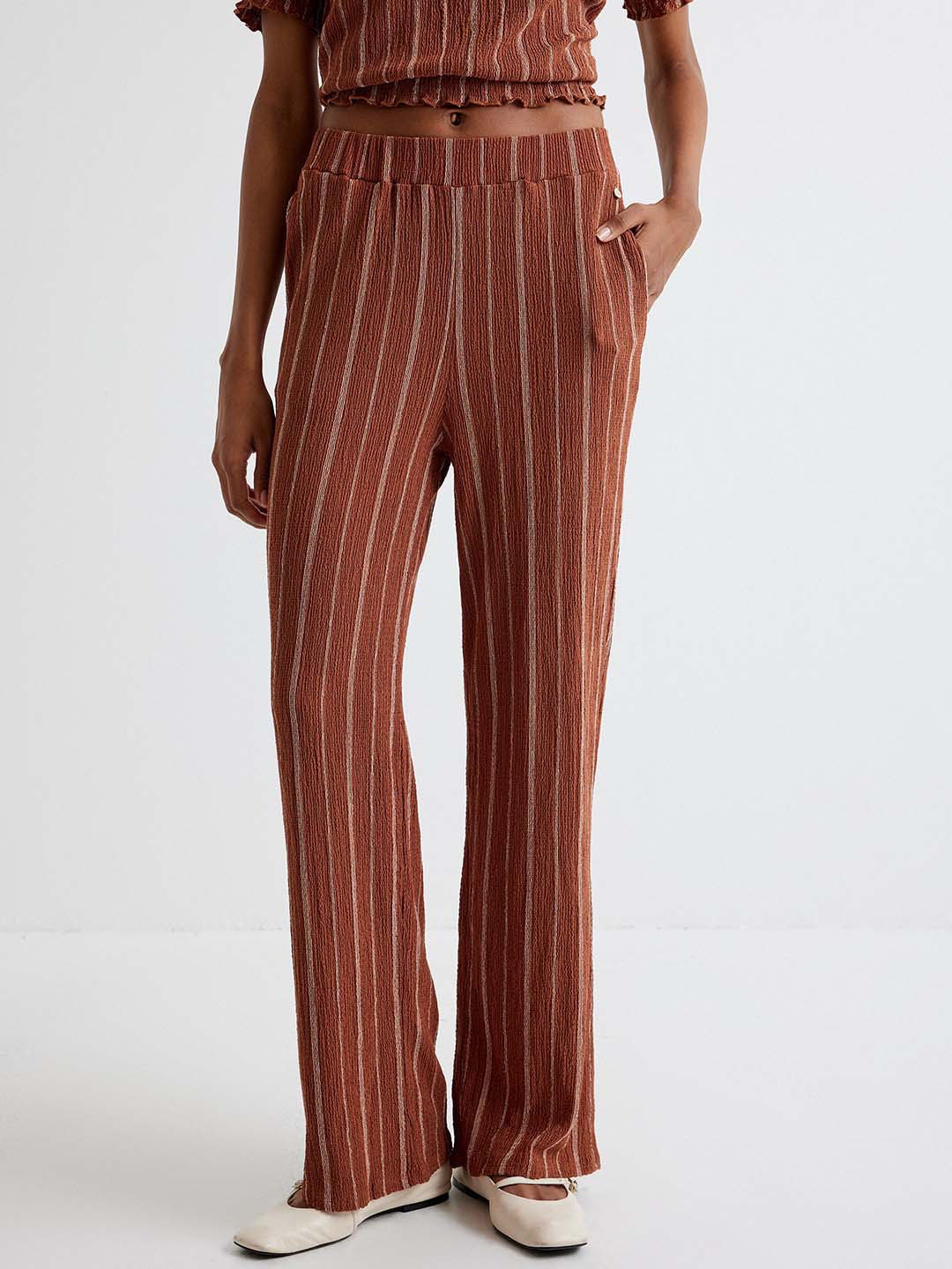 

Koton Women Striped Parallel Trousers, Brown