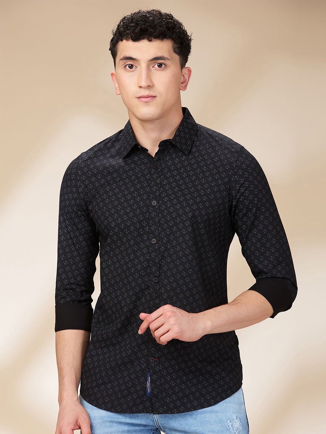 

Being Human Men Spread Collar Conversational Printed Cotton Slim Fit Casual Shirt, Black