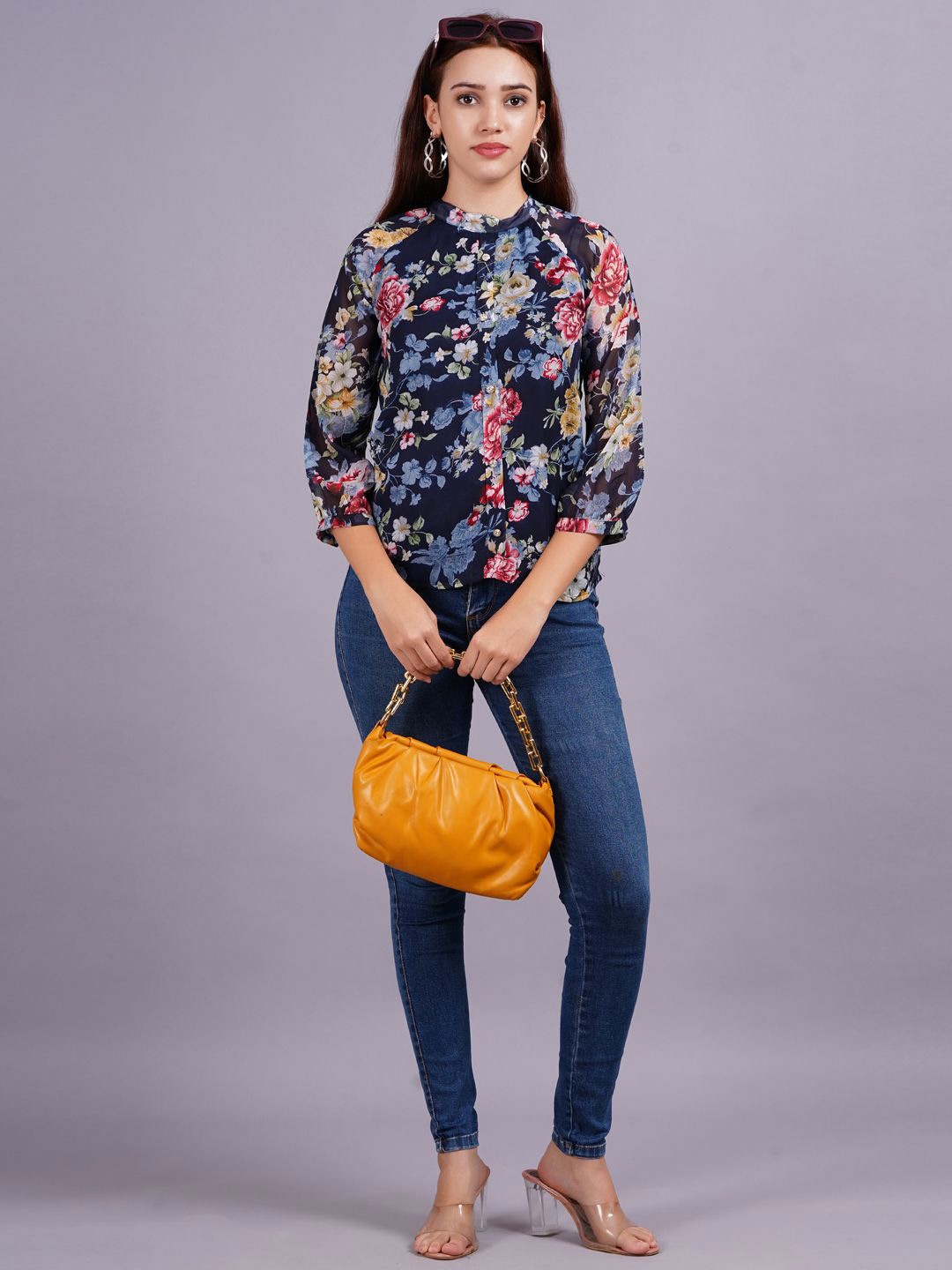 

KALINI Women Floral Printed High Neck Top, Navy blue