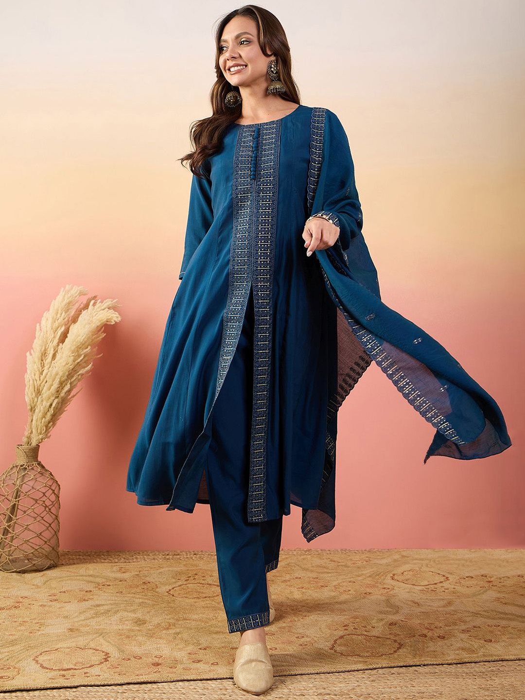 

Krimmple Women Yoke Design Regular Thread Work Pure Silk Kurta with Pyjamas & With Dupatta, Blue