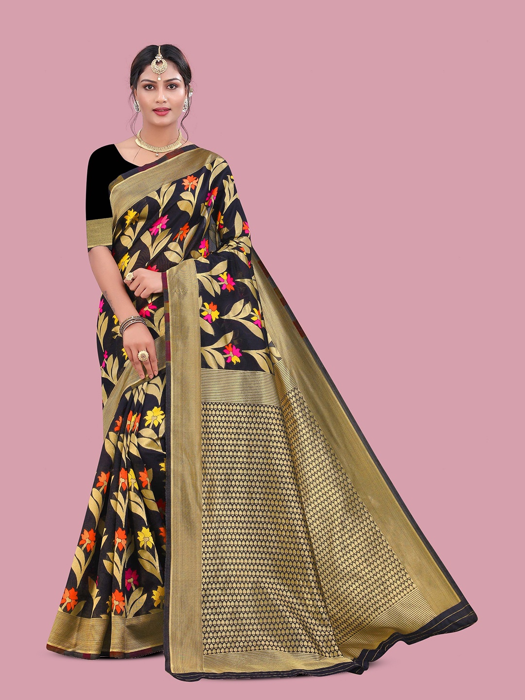 

Maroosh Woven Design Floral Zari Saree, Black