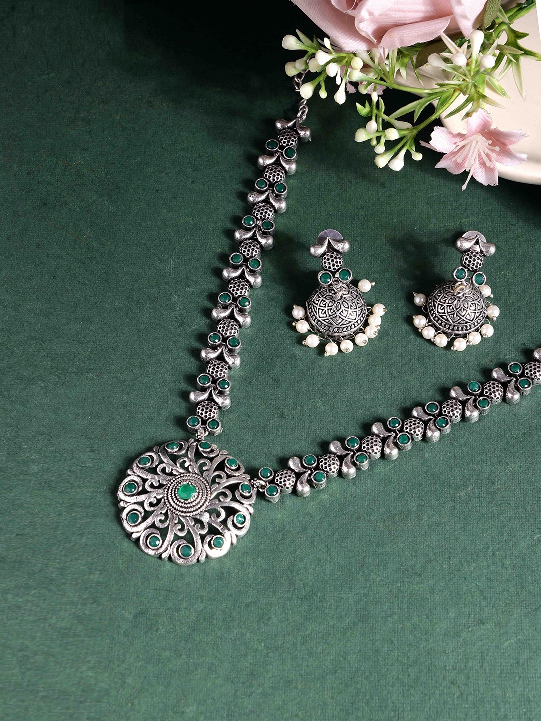 

PANASH Sliver Plated Cubic Zirconia Studded Oxidised Jewellery Set, Silver