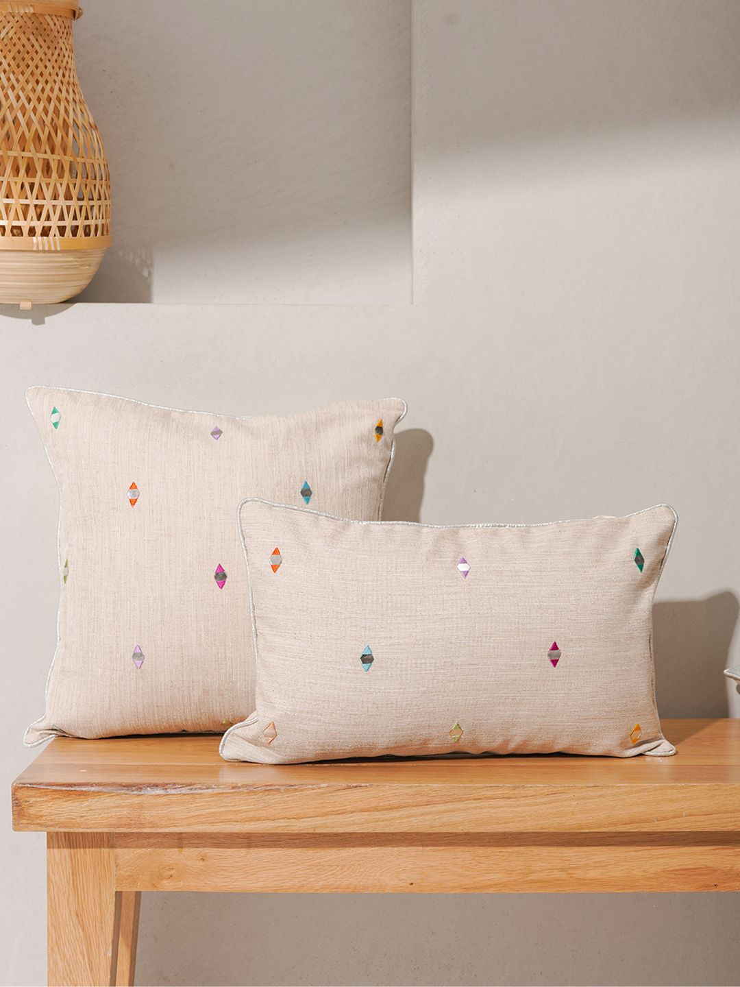

India Circus by Krsnaa Mehta Cream & Blue Geometric Cotton Rectangle Cushion Cover