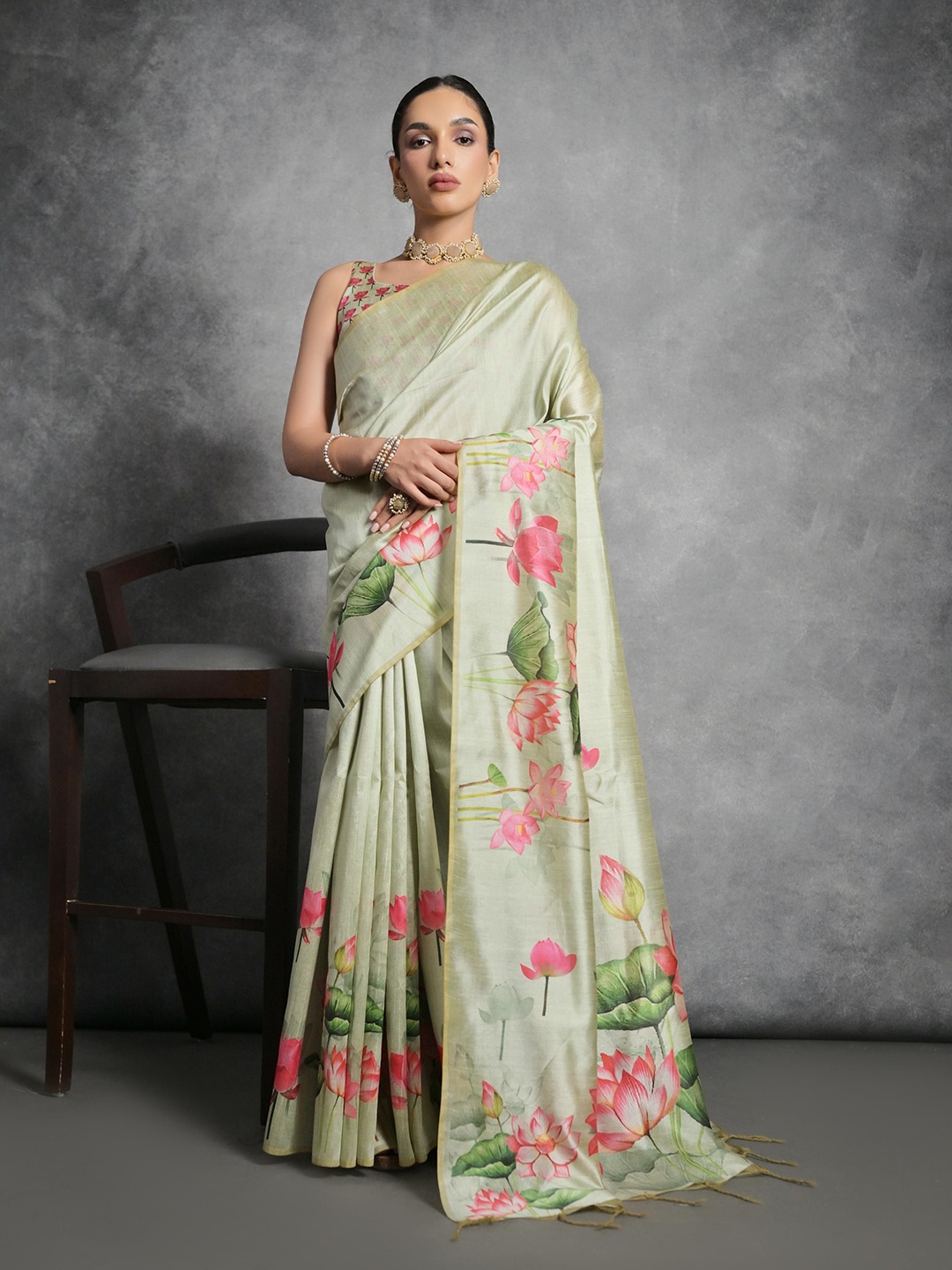 

Kandora Floral Printed Pure Silk Tussar Saree, Green