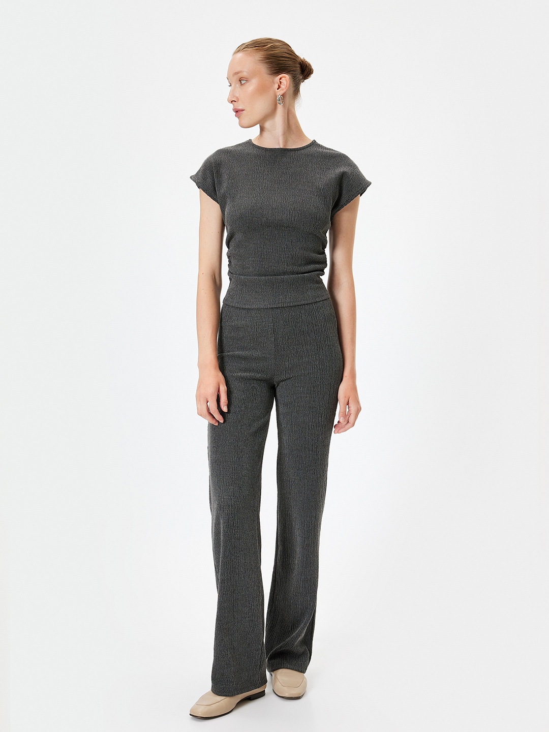 

Koton Women Self Design Straight Fit Regular Trouser, Grey