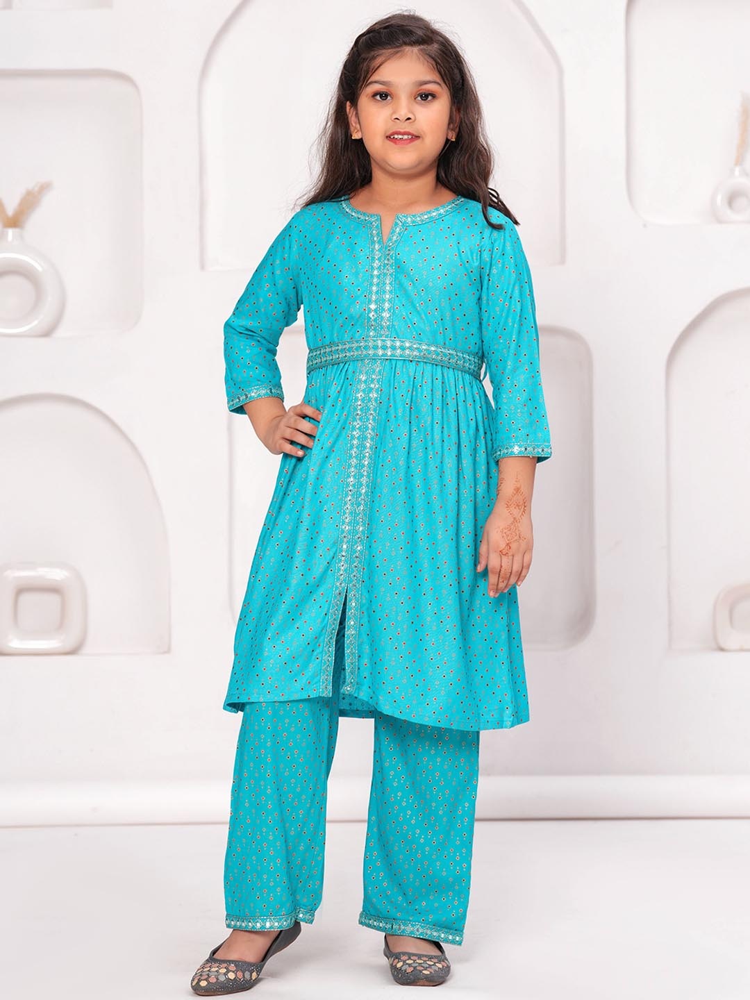 

BAESD Girls Geometric Embroidered Mirror Work A-Line Kurta with Trouser, Blue