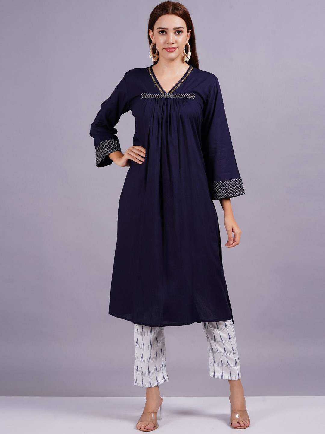 

KALINI V-Neck Three-Quarter Sleeves Regular Thread Work A-Line Kurta With Trouser, Navy blue